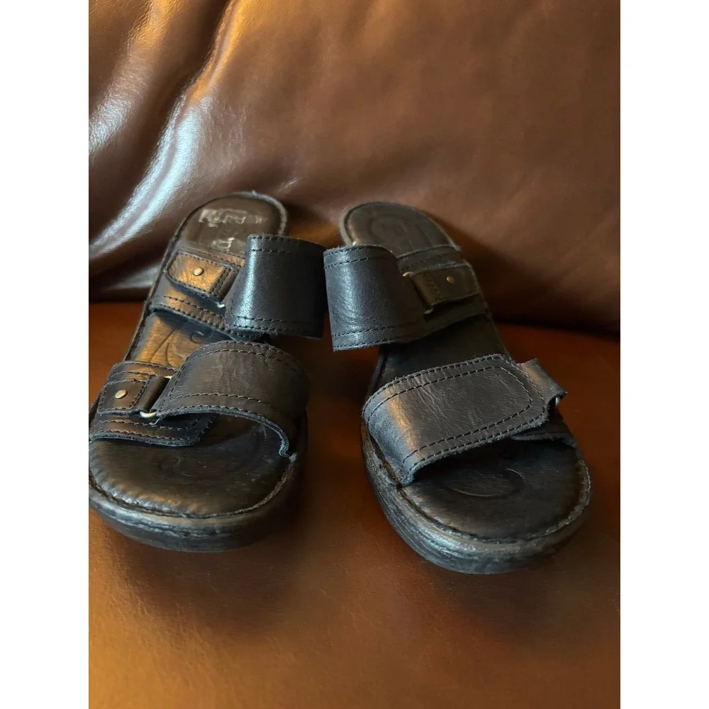 Born Black Leather Platform Wedge Slide‎ Sandals Womens 8M Casual Whimsigoth
